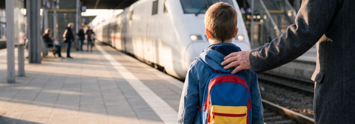Junge mit Rucksack und Kuscheltier steht am Bahnsteig vor einem ICE, die Hand des Großvaters auf seiner Schulter