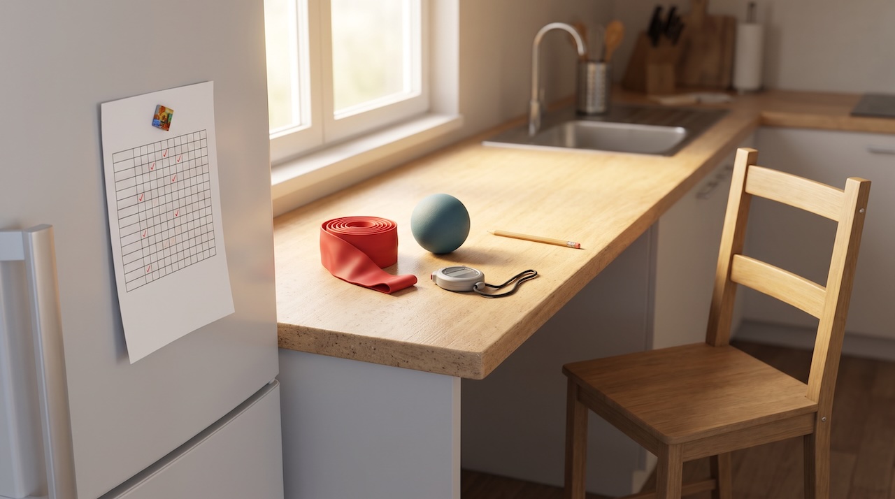 Trainerkarte mit Häkchen am Kühlschrank, davor Gymnastikband, Ball und Stoppuhr