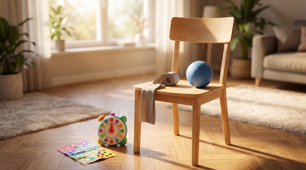 Ein Holzstuhl im sonnigen Wohnzimmer, darauf ein Gymnastikband und ein kleiner blauer Ball, davor eine Kinder-Stoppuhr und ein Stickerblatt – Gymnastik für Senioren im Sitzen
