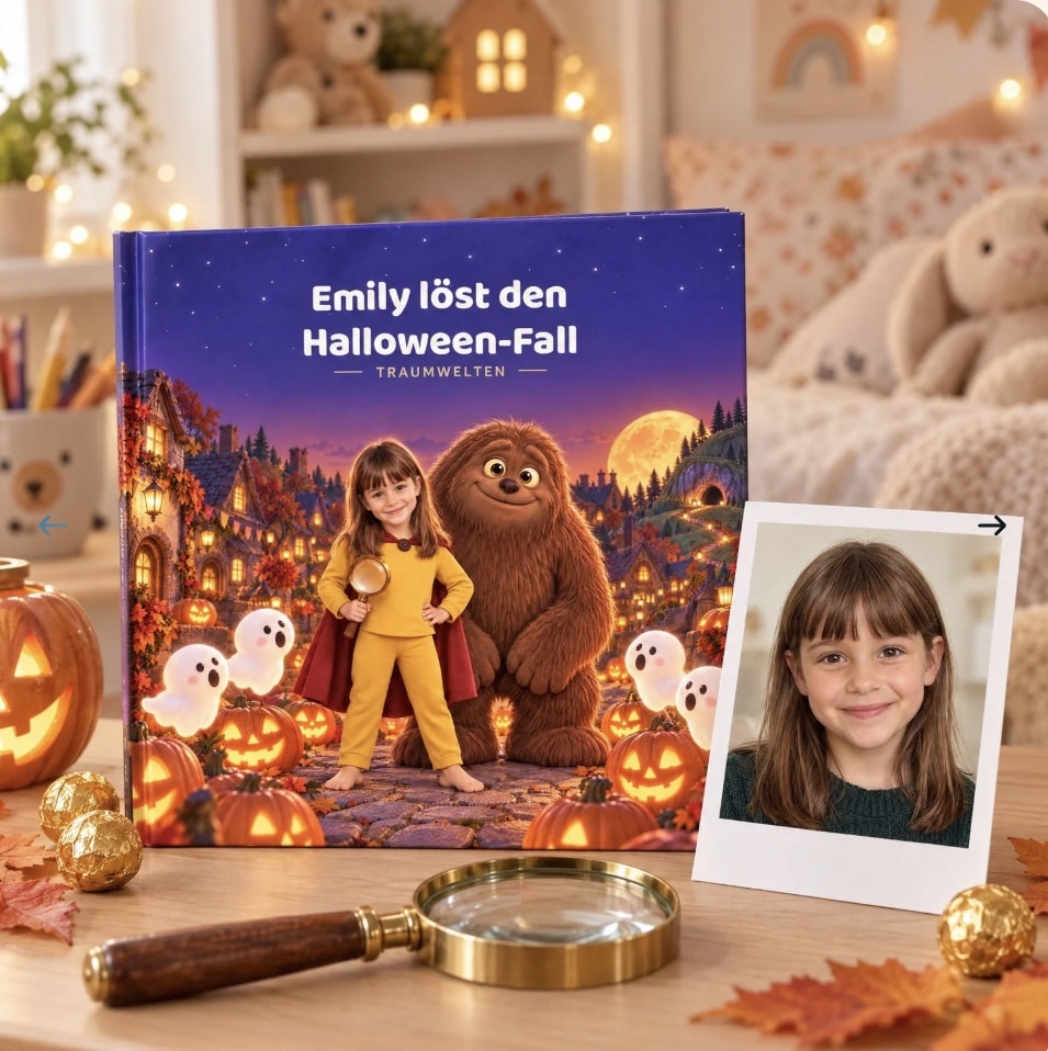 Personalisiertes Halloween-Kinderbuch von Wunolo mit dem eigenen Gesicht des Kindes auf dem Umschlag, daneben das Foto, aus dem die Figur entsteht
