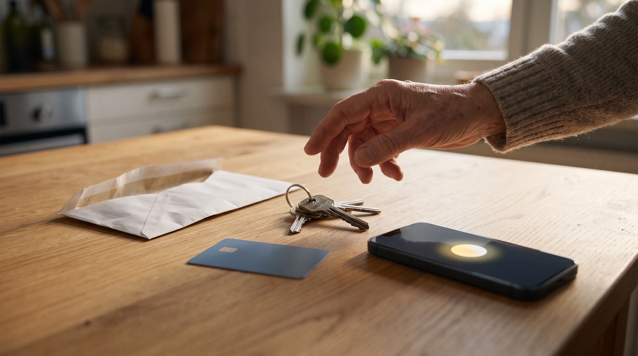Ältere Hand zögert über Schlüsselbund und Bankkarte, daneben ein Smartphone mit leuchtendem Symbol – KI-Agent für Senioren