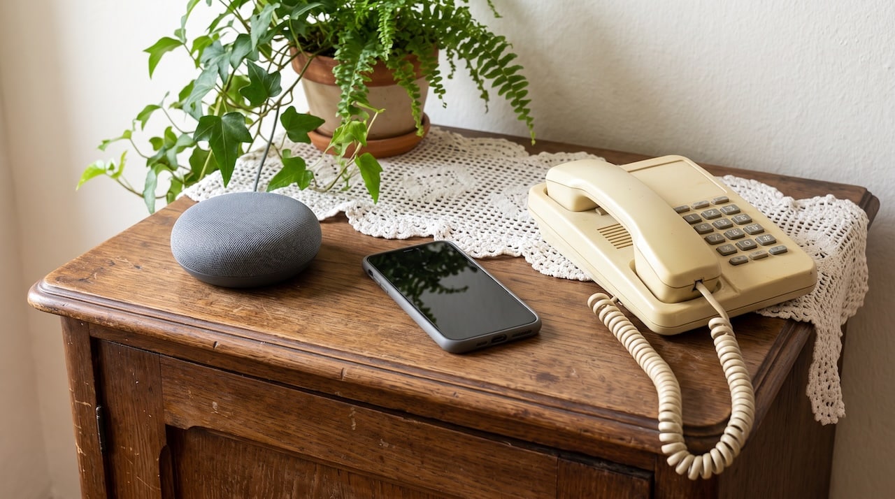 Stillleben: ein kleiner runder Lautsprecher, ein Smartphone und ein Festnetztelefon nebeneinander auf einer Holzkommode