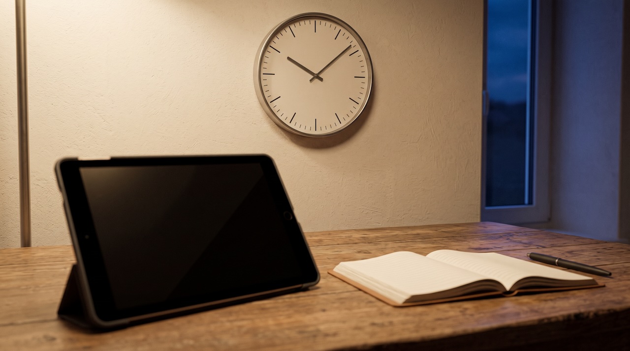 Eine Küchenuhr kurz vor zehn Uhr abends, davor ein Tablet mit dunklem Bildschirm und ein leeres Notizbuch