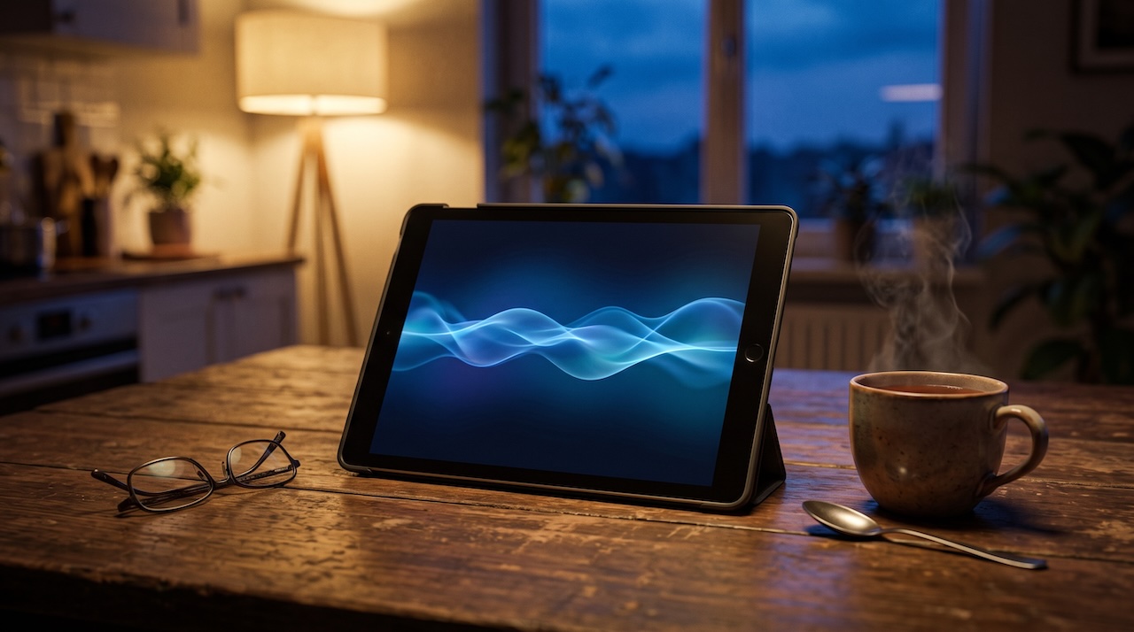 Ein Tablet mit Sprachsymbol auf einem Küchentisch im Abendlicht, daneben eine Teetasse – KI als Gesprächspartner für Senioren