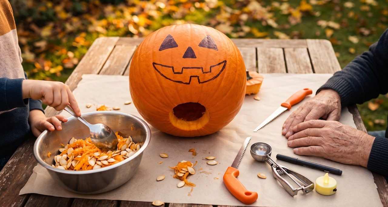 Kinderhände höhlen einen Halloween-Kürbis mit dem Löffel aus