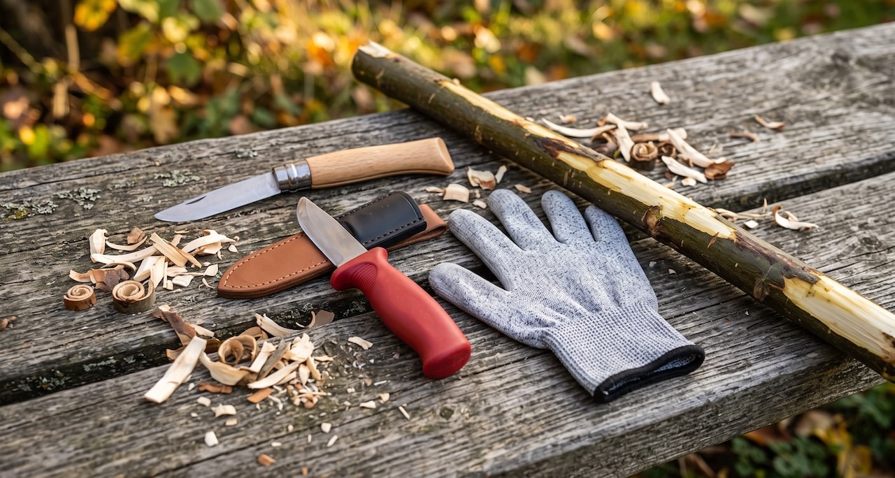 Zwei Kinderschnitzmesser mit abgerundeter Spitze, ein Schnitzhandschuh und ein entrindeter Weidenstock auf einer Holzbank