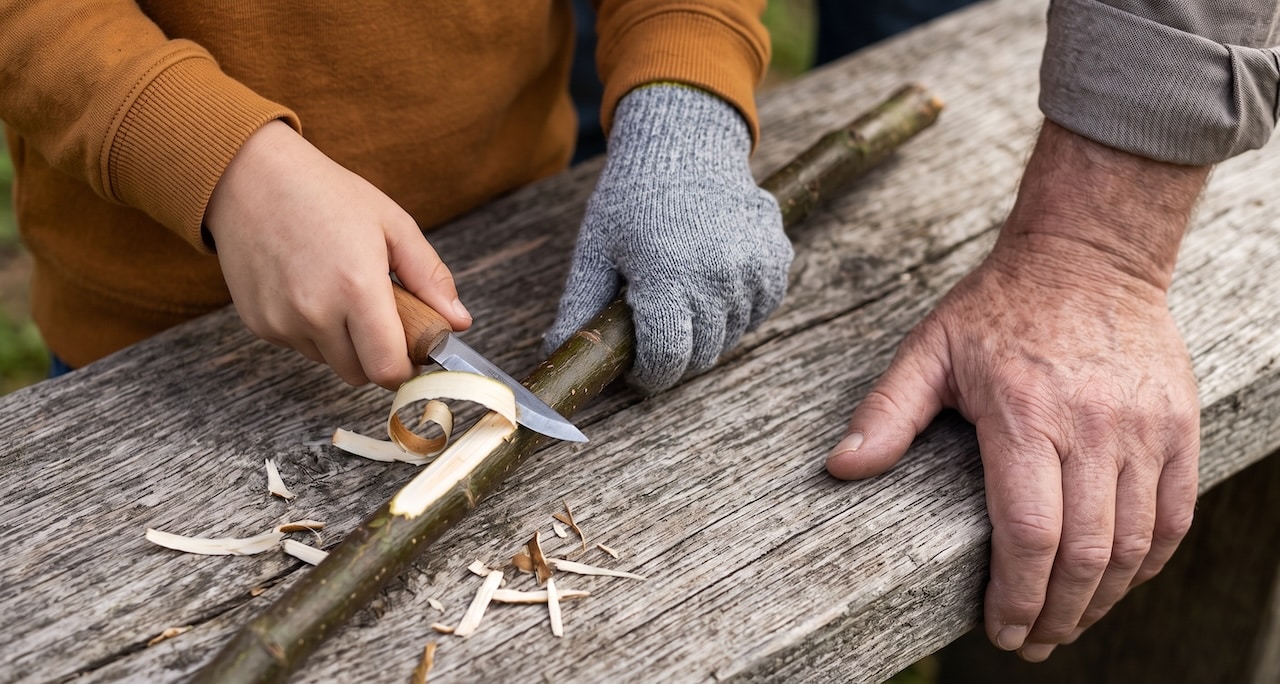 Kinderhand mit Schnitzhandschuh hält einen Weidenstock, die andere Hand führt das Kindermesser vom Körper weg; daneben die Hand eines Großvaters