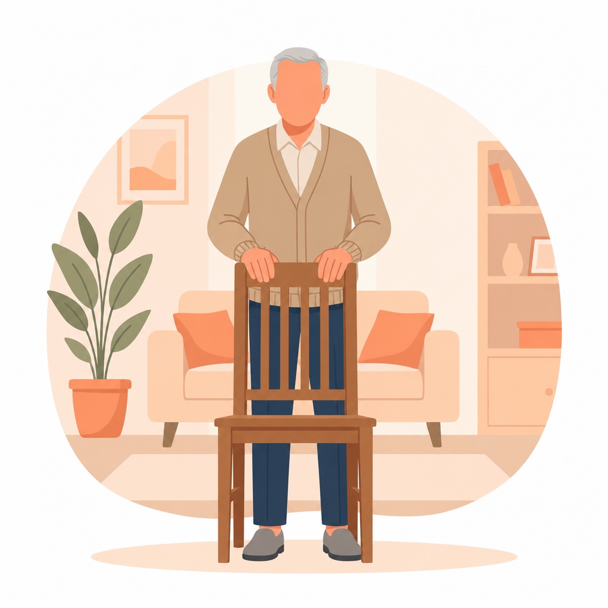 Illustration: älterer Mann bei der Übung „Gewicht verlagern“ (mit KI erstellt)