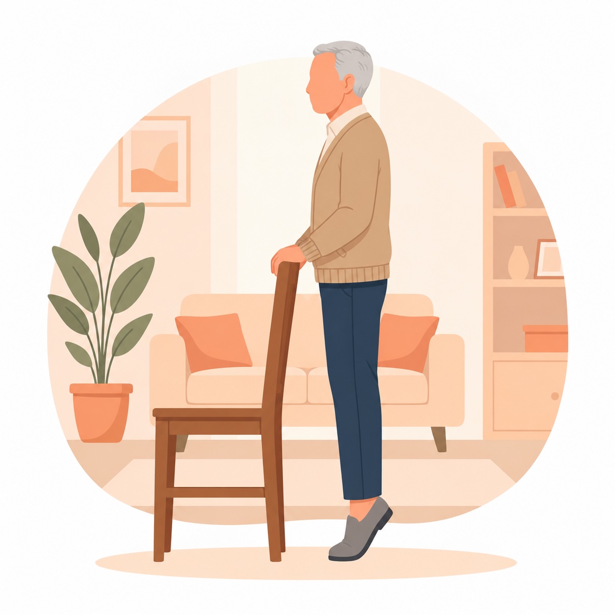 Illustration: älterer Mann bei der Übung „Fersen heben“ (mit KI erstellt)