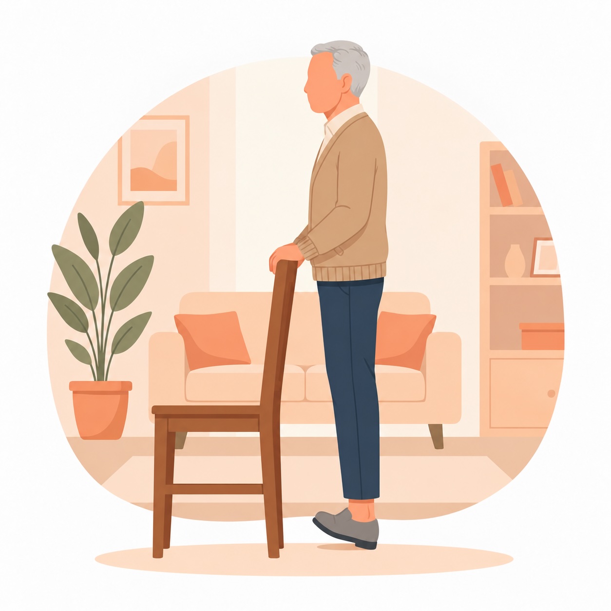 Illustration: älterer Mann bei der Übung „Zehen heben“ (mit KI erstellt)