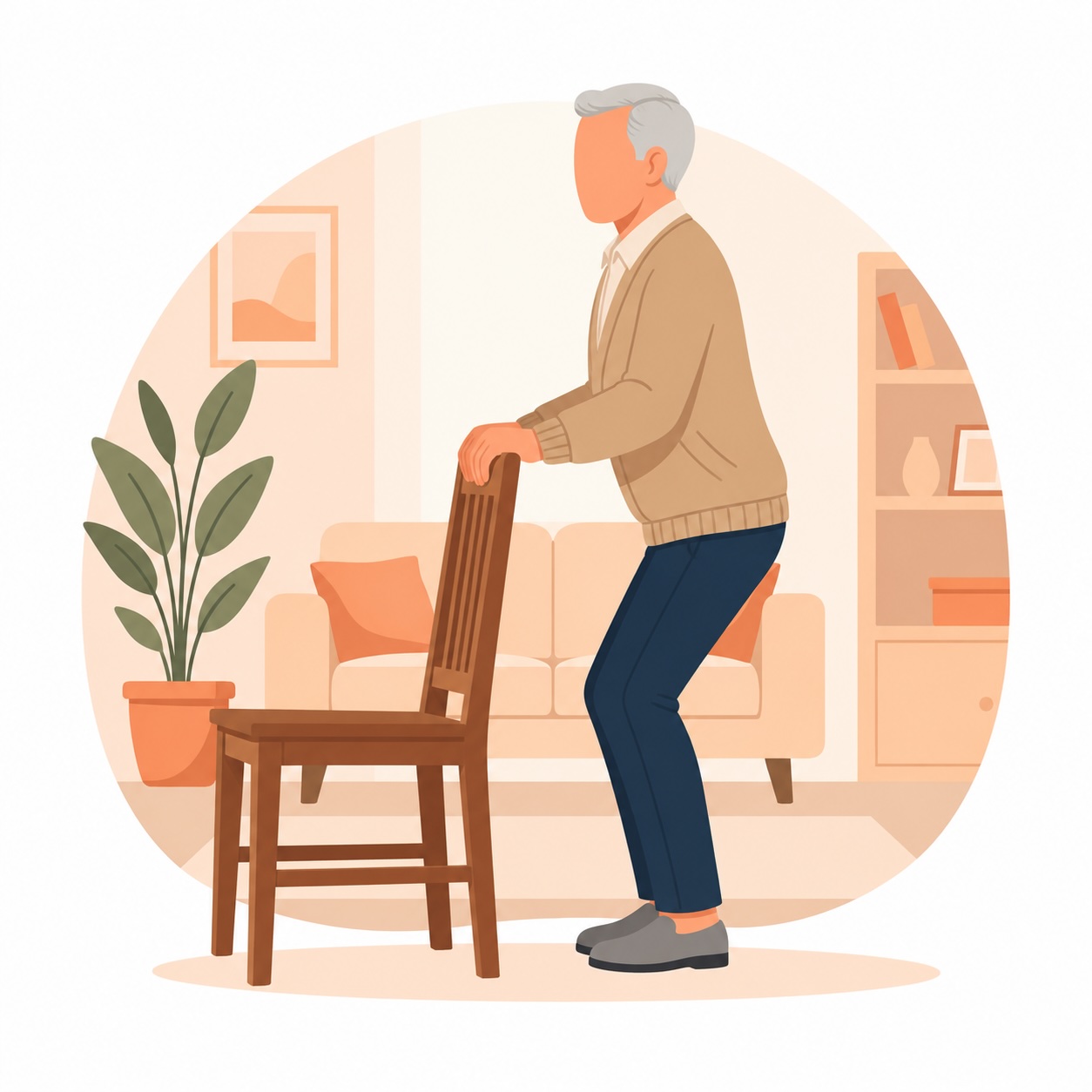 Illustration: älterer Mann bei der Übung „Kleine Kniebeugen“ (mit KI erstellt)
