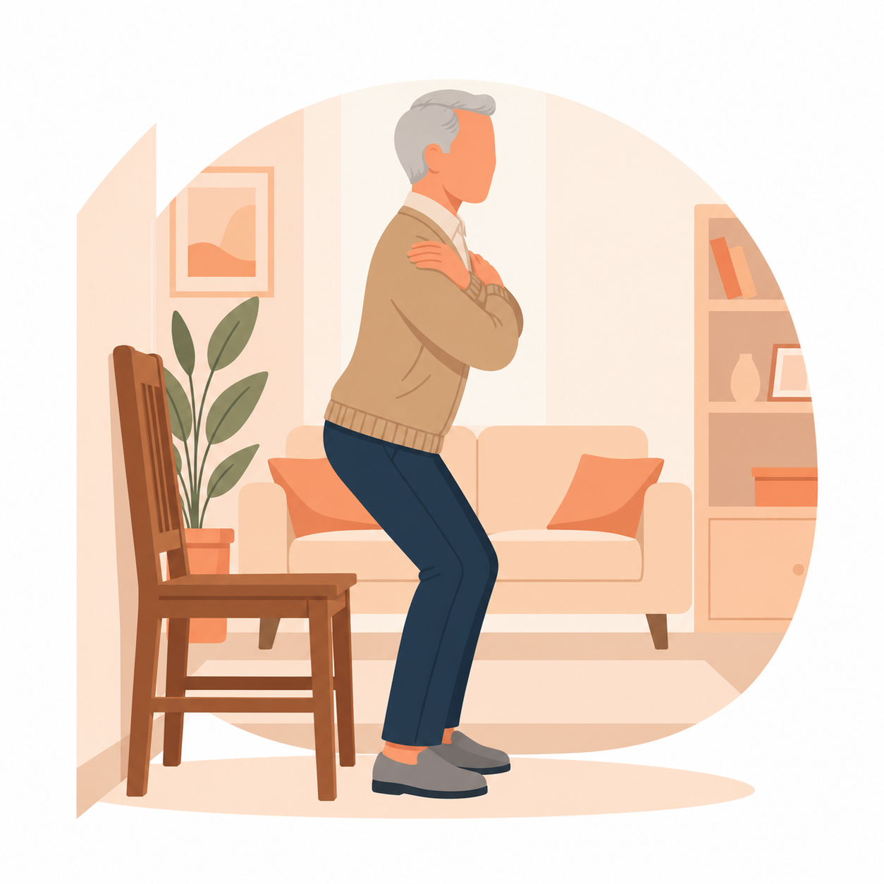 Illustration: älterer Mann bei der Übung „Aufstehen ohne Hände“ (mit KI erstellt)