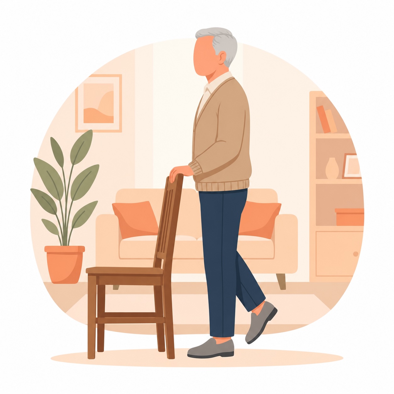 Illustration: älterer Mann bei der Übung „Auf einem Bein stehen“ (mit KI erstellt)