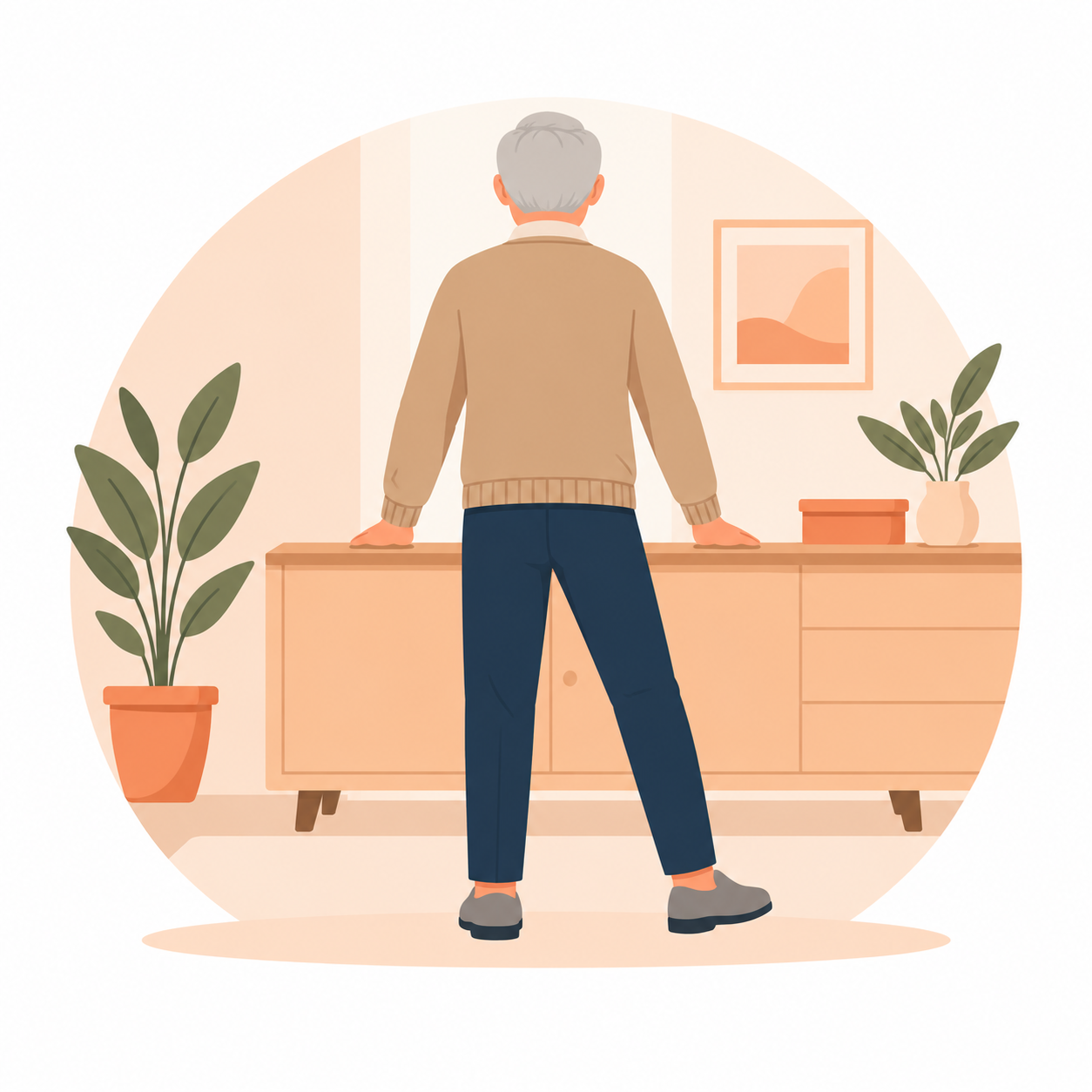 Illustration: älterer Mann bei der Übung „Seitwärts gehen“ (mit KI erstellt)