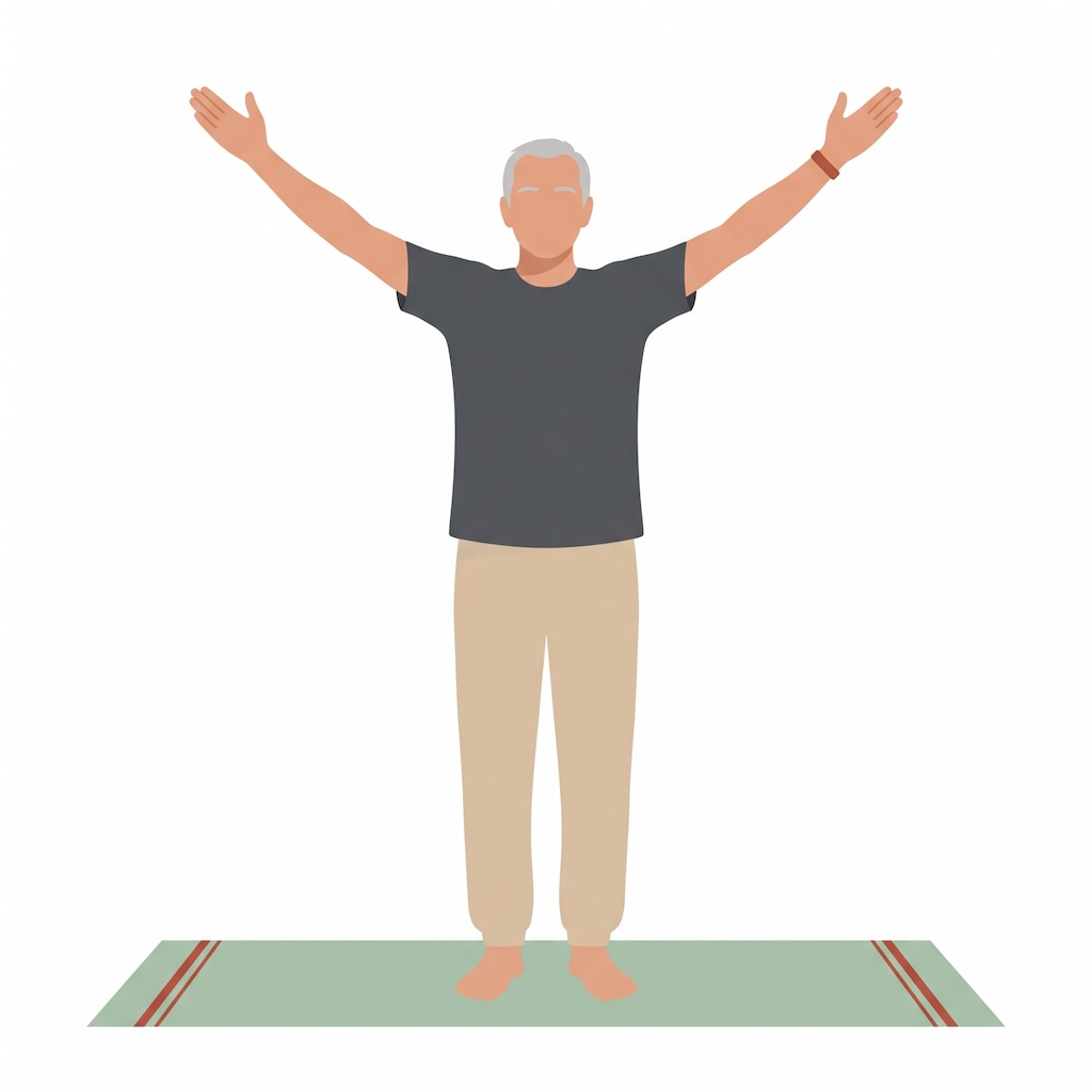 Illustration: älterer Mann bei der Yoga-Übung Berg mit Armen (Tadasana) auf der Matte