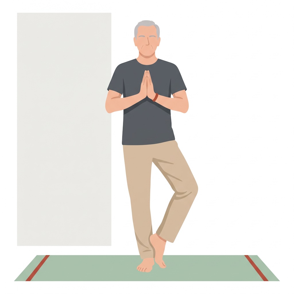 Illustration: älterer Mann bei der Yoga-Übung Baum (Vrksasana) auf der Matte