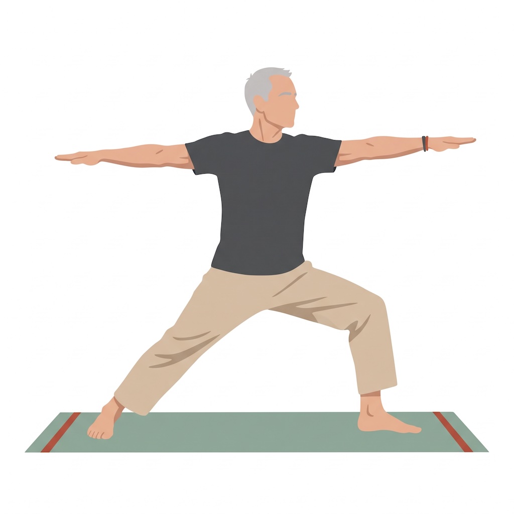 Illustration: älterer Mann bei der Yoga-Übung Krieger (Virabhadrasana II) auf der Matte