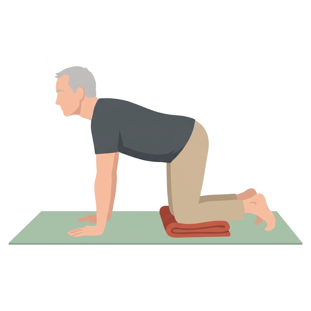 Illustration: älterer Mann bei der Yoga-Übung Katze und Kuh (Marjaryasana / Bitilasana) auf der Matte