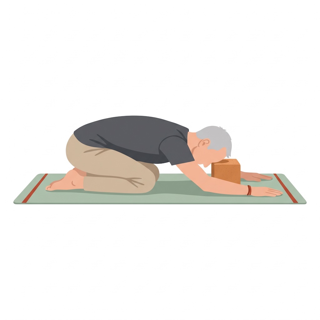 Illustration: älterer Mann bei der Yoga-Übung Kind (Balasana) auf der Matte