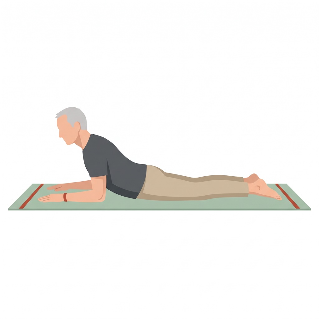 Illustration: älterer Mann bei der Yoga-Übung Sphinx (Salamba Bhujangasana) auf der Matte