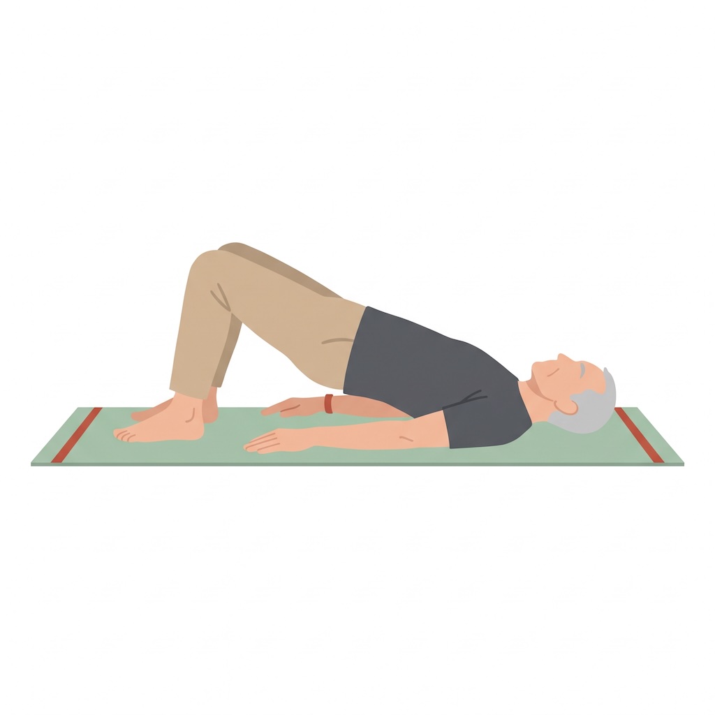 Illustration: älterer Mann bei der Yoga-Übung Brücke (Setu Bandhasana) auf der Matte