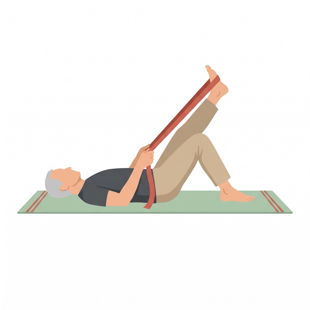 Illustration: älterer Mann bei der Yoga-Übung Bein heben mit dem Gurt (Supta Padangusthasana, vereinfacht) auf der Matte