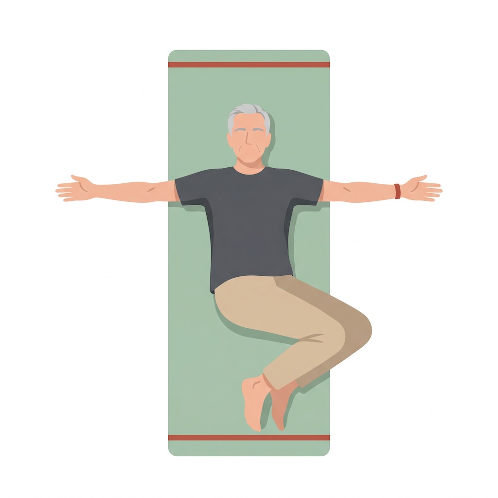 Illustration: älterer Mann bei der Yoga-Übung Liegende Drehung (Supta Matsyendrasana, sanft) auf der Matte