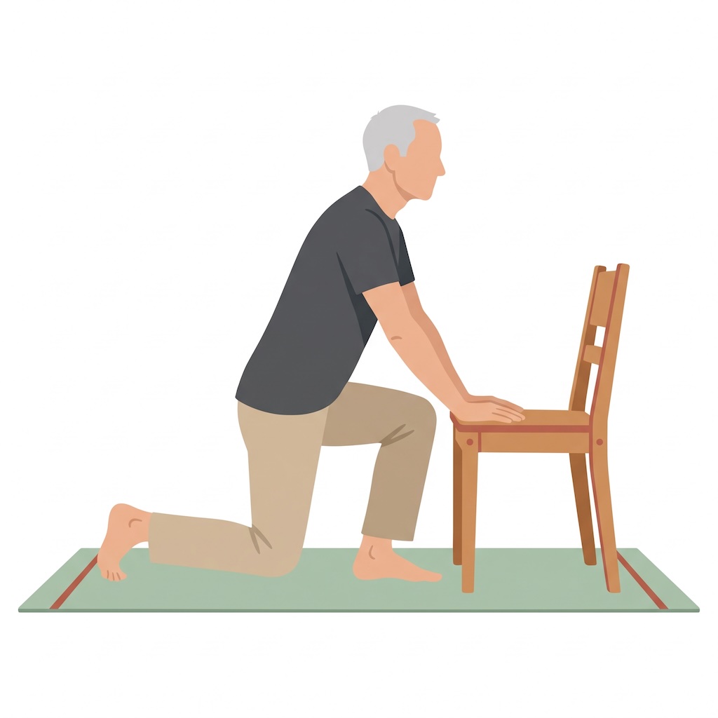 Illustration: älterer Mann bei der Yoga-Übung Aufstehen vom Boden (halber Kniestand mit Halt am Stuhl) auf der Matte